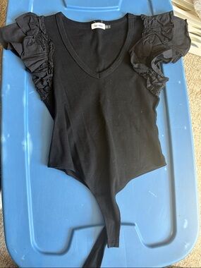 Ruffle Sleeve V-Neck Black Bodysuit